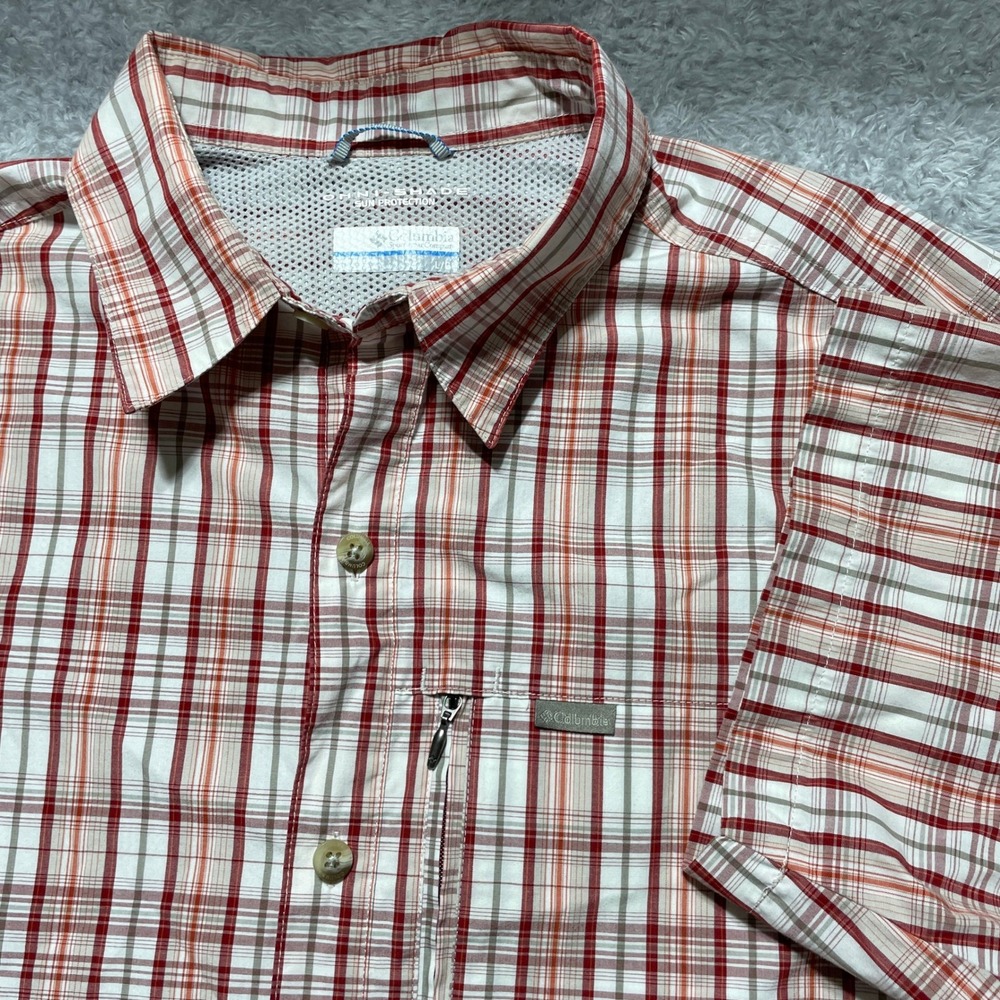 Columbia Omni-Shade Mens Large Orange Plaid Short Sleeve Hiking Fishing Shirt